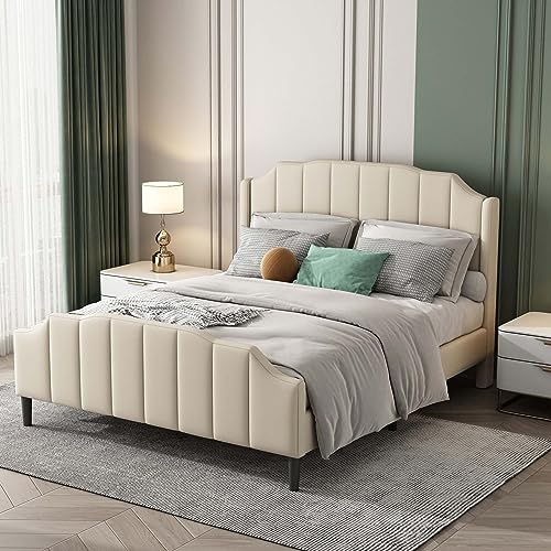 Queen Size Velvet Upholstered Platform Bed Frame with Comfortable Headboard, Modern Elegant Platform Bed with Sturdy Wood Slats Support & Footboard for Bedroom Girls, No Box Spring Needed (Beige)