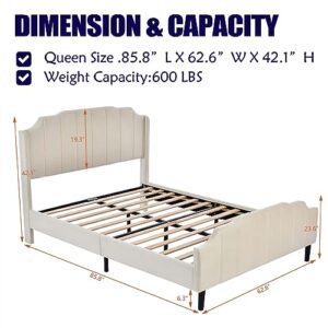 Queen Size Velvet Upholstered Platform Bed Frame with Comfortable Headboard, Modern Elegant Platform Bed with Sturdy Wood Slats Support & Footboard for Bedroom Girls, No Box Spring Needed (Beige)