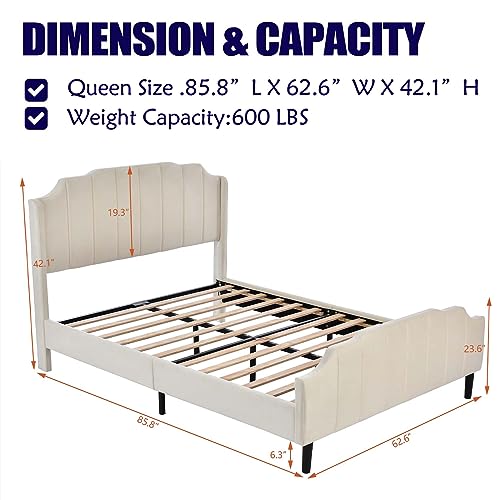 Queen Size Velvet Upholstered Platform Bed Frame with Comfortable Headboard, Modern Elegant Platform Bed with Sturdy Wood Slats Support & Footboard for Bedroom Girls, No Box Spring Needed (Beige)