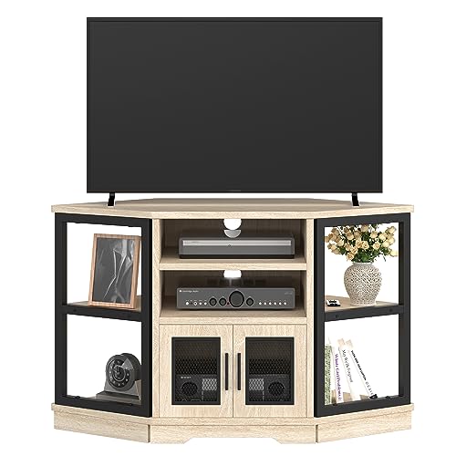 YITAHOME 50 Inches Corner TV Stand w/Power Outlet, Entertainment Center TV Media Console Table with 6 Open Storage Shelve for Living Room, Bedroom, Industrial Corner TV Stand, 47 inches White Oak