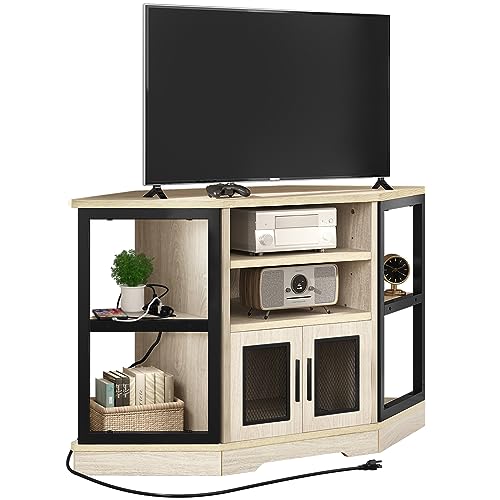 YITAHOME 50 Inches Corner TV Stand w/Power Outlet, Entertainment Center TV Media Console Table with 6 Open Storage Shelve for Living Room, Bedroom, Industrial Corner TV Stand, 47 inches White Oak