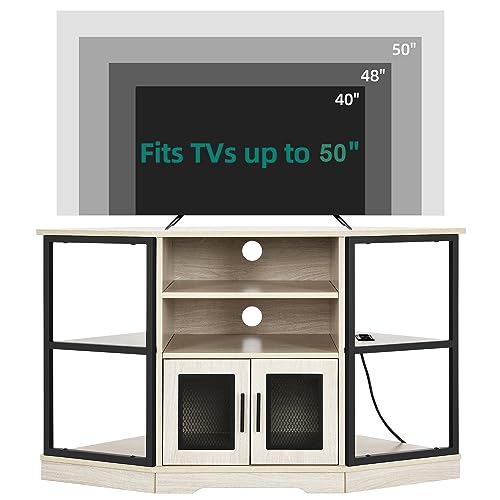 YITAHOME 50 Inches Corner TV Stand w/Power Outlet, Entertainment Center TV Media Console Table with 6 Open Storage Shelve for Living Room, Bedroom, Industrial Corner TV Stand, 47 inches White Oak