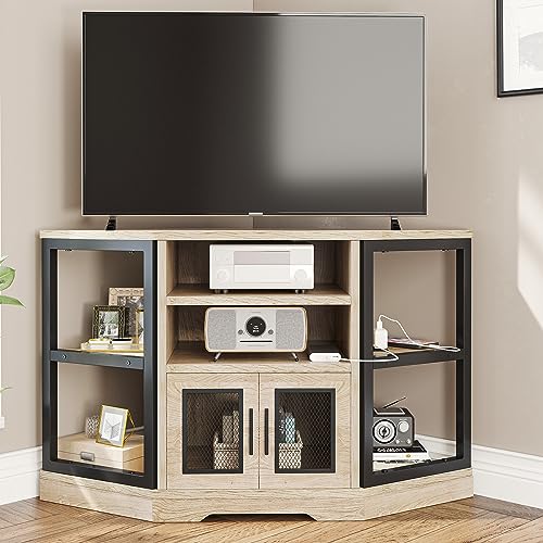 YITAHOME 50 Inches Corner TV Stand w/Power Outlet, Entertainment Center TV Media Console Table with 6 Open Storage Shelve for Living Room, Bedroom, Industrial Corner TV Stand, 47 inches White Oak