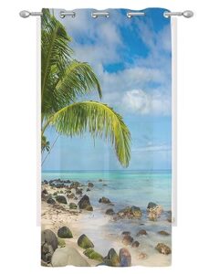 sheer curtains 1 panel,palm tree beach sea cloud blue sky island reef stone chiffon window treatment grommet semi transparent drapery for kitchen bedroom decorations,52x96 inch