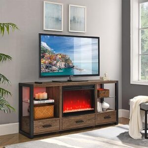 vzadgwa modern tv stand with electric fireplace for 65" 70” flat screen tv, 60" farmhouse tv cabinet with storage drawers shelves industrial media tv entertainment center for living room