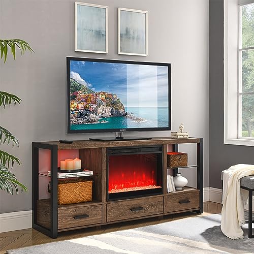 VZADGWA Modern TV Stand with Electric Fireplace for 65" 70” Flat Screen TV, 60" Farmhouse TV Cabinet with Storage Drawers Shelves Industrial Media TV Entertainment Center for Living Room