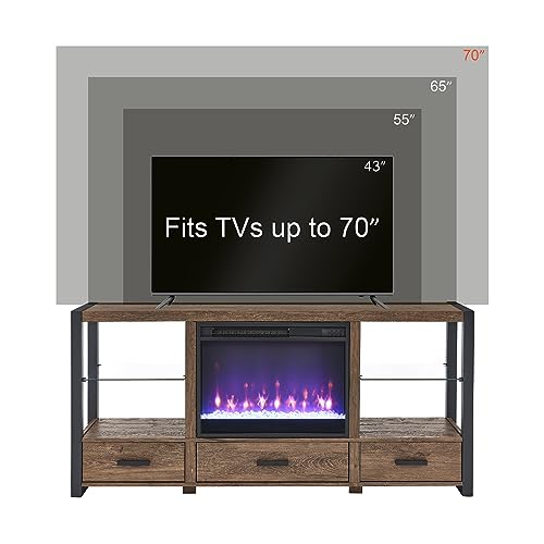 VZADGWA Modern TV Stand with Electric Fireplace for 65" 70” Flat Screen TV, 60" Farmhouse TV Cabinet with Storage Drawers Shelves Industrial Media TV Entertainment Center for Living Room
