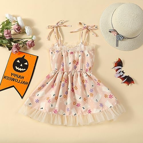 Toddler Baby Girl Halloween Outfit Tulle Dress Ruffle Sleeveless Cartoon Pattern Party Halloween Dress 3-6T (Pinks, 4 Years)