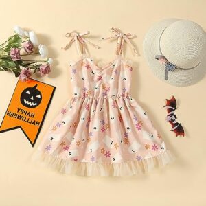 Toddler Baby Girl Halloween Outfit Tulle Dress Ruffle Sleeveless Cartoon Pattern Party Halloween Dress 3-6T (Pinks, 4 Years)