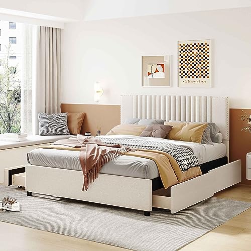 ATY Queen Size Platform Bed with 4 Storage Drawers & Classic Headboard, Upholstered Linen Bedframe, Save Space, Perfect for Bedroom,Livingroom,Guestroom, No Box Spring Needed, Beige