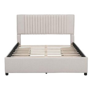 ATY Queen Size Platform Bed with 4 Storage Drawers & Classic Headboard, Upholstered Linen Bedframe, Save Space, Perfect for Bedroom,Livingroom,Guestroom, No Box Spring Needed, Beige