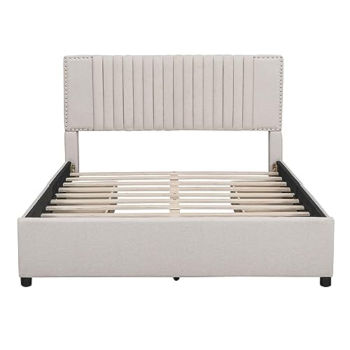 ATY Queen Size Platform Bed with 4 Storage Drawers & Classic Headboard, Upholstered Linen Bedframe, Save Space, Perfect for Bedroom,Livingroom,Guestroom, No Box Spring Needed, Beige