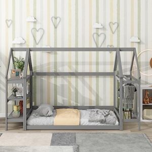 deyobed gray twin house floor bed with 2 removable stands - unique house design for kids