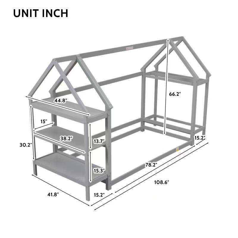 DEYOBED Gray Twin House Floor Bed with 2 Removable Stands - Unique House Design for Kids