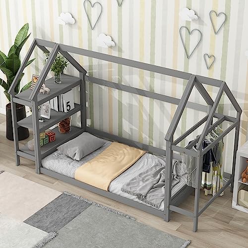 DEYOBED Gray Twin House Floor Bed with 2 Removable Stands - Unique House Design for Kids