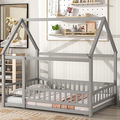 DEYOBED Full House Roof Floor Bed Frame - Wooden Bed with Fence Guardrails, Low Wooden Playhouse Bed for Girls and Boys, Gray Finish