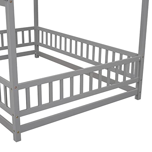 DEYOBED Full House Roof Floor Bed Frame - Wooden Bed with Fence Guardrails, Low Wooden Playhouse Bed for Girls and Boys, Gray Finish