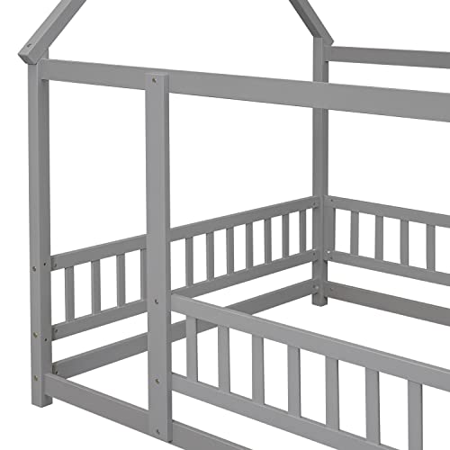 DEYOBED Full House Roof Floor Bed Frame - Wooden Bed with Fence Guardrails, Low Wooden Playhouse Bed for Girls and Boys, Gray Finish