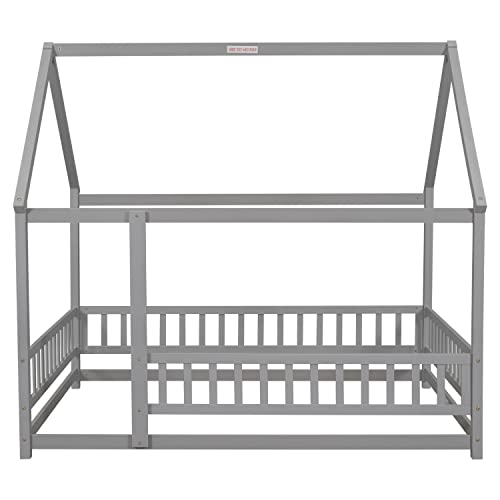 DEYOBED Full House Roof Floor Bed Frame - Wooden Bed with Fence Guardrails, Low Wooden Playhouse Bed for Girls and Boys, Gray Finish