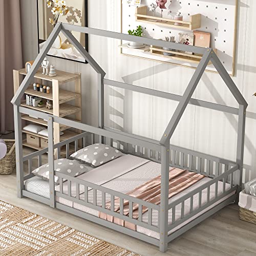 DEYOBED Full House Roof Floor Bed Frame - Wooden Bed with Fence Guardrails, Low Wooden Playhouse Bed for Girls and Boys, Gray Finish