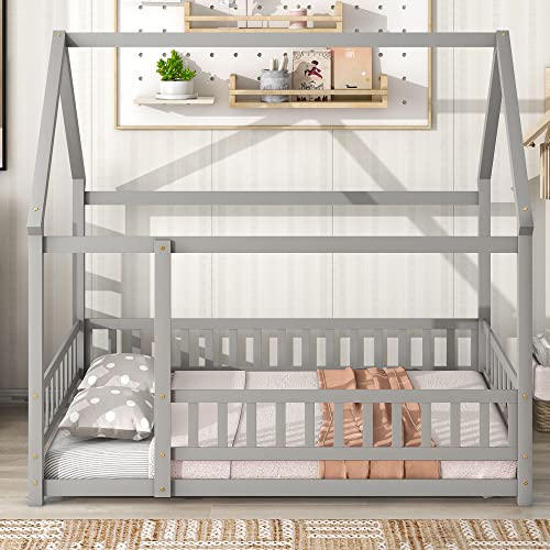 DEYOBED Full House Roof Floor Bed Frame - Wooden Bed with Fence Guardrails, Low Wooden Playhouse Bed for Girls and Boys, Gray Finish