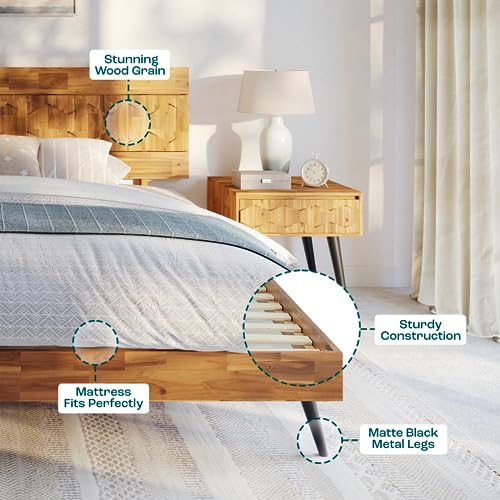 Bme Georgina King Bed Frame and Headboard, Handcrafted Geometric Pattern Solid Wood, No Box Spring Needed, 12 Strong Wood Slats Support, Easy Assembly, Teak Brown + Large Rectangle Wicker Baskets