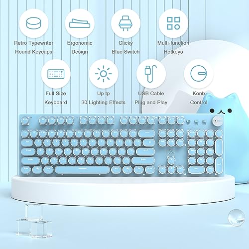 LexonElec Typewriter Style Retro Wired Mechanical Gaming Keyboard,Vintage Steampunk Keyboard with White Backlit,104-Key Blue Switch Cute Keyboard,Round Keycaps Knob Control for PC/Laptop/Mac