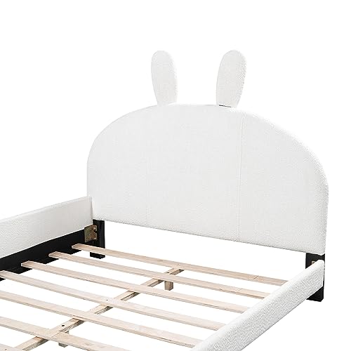 VilroCaz Modern Full Size Upholstered Platform Bed with Cartoon Ears Shaped Headboard for Kids, Teddy Flannel Upholstered Platform Bed Frame with Sturdy Slats Support, No-Noise Design