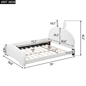 VilroCaz Modern Full Size Upholstered Platform Bed with Cartoon Ears Shaped Headboard for Kids, Teddy Flannel Upholstered Platform Bed Frame with Sturdy Slats Support, No-Noise Design