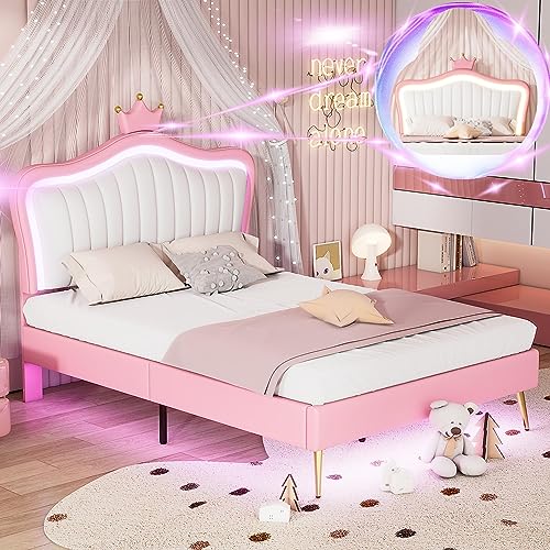 Linique Queen Size Upholstered Bed Frame with LED Lights, Modern Upholstered Princess Bed with Crown Headboard, White+Pink