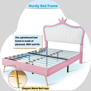 Linique Queen Size Upholstered Bed Frame with LED Lights, Modern Upholstered Princess Bed with Crown Headboard, White+Pink