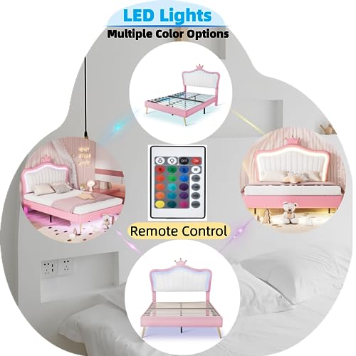 Linique Queen Size Upholstered Bed Frame with LED Lights, Modern Upholstered Princess Bed with Crown Headboard, White+Pink