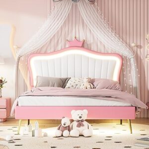 Linique Queen Size Upholstered Bed Frame with LED Lights, Modern Upholstered Princess Bed with Crown Headboard, White+Pink