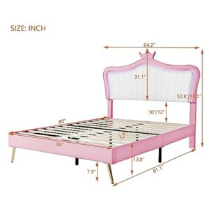 Linique Queen Size Upholstered Bed Frame with LED Lights, Modern Upholstered Princess Bed with Crown Headboard, White+Pink