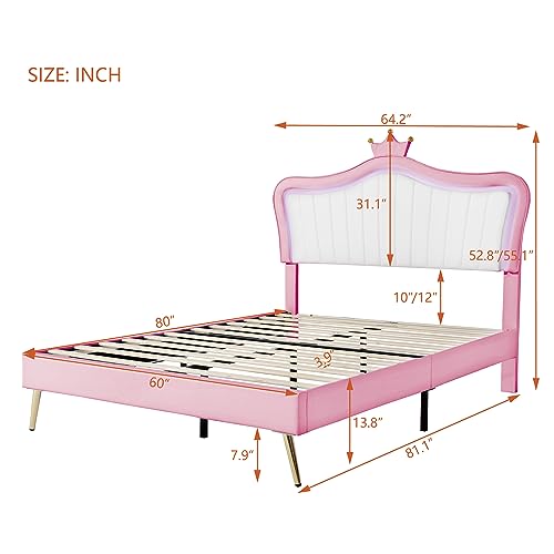 Linique Queen Size Upholstered Bed Frame with LED Lights, Modern Upholstered Princess Bed with Crown Headboard, White+Pink