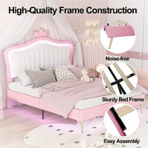 Linique Queen Size Upholstered Bed Frame with LED Lights, Modern Upholstered Princess Bed with Crown Headboard, White+Pink