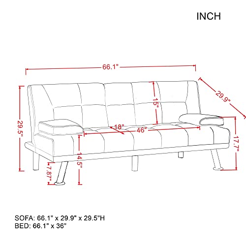 Convertible Sofa Bed Adjustable Couch Sleeper Modern Home Recliner Reversible Loveseat Folding Daybed Guest Bed for Living Room,Linen Upholstery,2 Cup Holders,3 Angles,Metal Legs,600lb Capacity