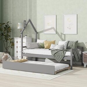 twin platform bed with trundle, wooden house-shaped headboard bed with guardrails, daybed frame with sturdy slat support for kids boys girls bedroom (grey 06)