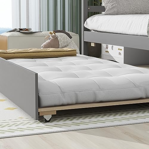 Twin Platform Bed with Trundle, Wooden House-Shaped Headboard Bed with Guardrails, Daybed Frame with Sturdy Slat Support for Kids Boys Girls Bedroom (Grey 06)