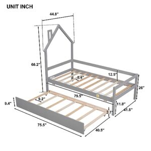 Twin Platform Bed with Trundle, Wooden House-Shaped Headboard Bed with Guardrails, Daybed Frame with Sturdy Slat Support for Kids Boys Girls Bedroom (Grey 06)