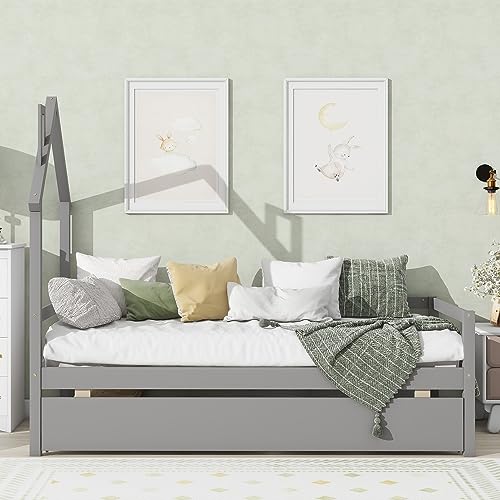 Twin Platform Bed with Trundle, Wooden House-Shaped Headboard Bed with Guardrails, Daybed Frame with Sturdy Slat Support for Kids Boys Girls Bedroom (Grey 06)