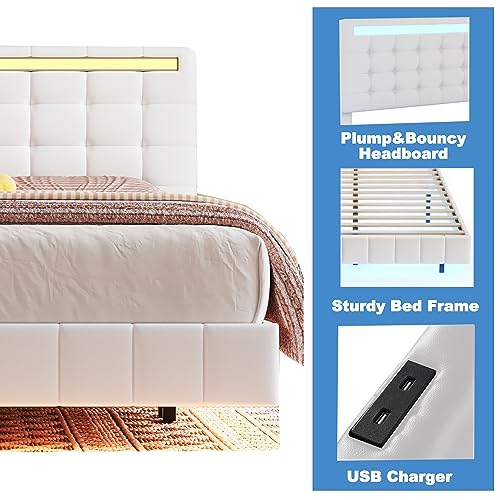 SIYSNKSI Modern Queen Upholstered Platform Bed with LED Lights, Floating Bed Frame with USB Charging and Headboard, Upholstered Platform Bed Frame for Kids Teens Adult Bedroom