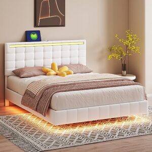 SIYSNKSI Modern Queen Upholstered Platform Bed with LED Lights, Floating Bed Frame with USB Charging and Headboard, Upholstered Platform Bed Frame for Kids Teens Adult Bedroom