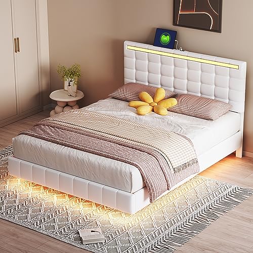 SIYSNKSI Modern Queen Upholstered Platform Bed with LED Lights, Floating Bed Frame with USB Charging and Headboard, Upholstered Platform Bed Frame for Kids Teens Adult Bedroom