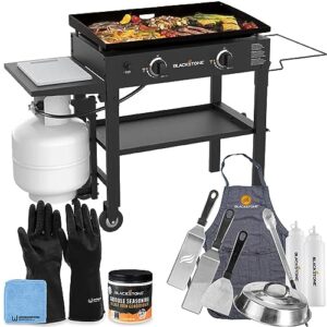blackstone 28" flat top grill, model 1853, 2 burner black gas griddle with stand for camping and outdoor bbq, includes blackstone accessories kit cast iron seasoning and wholesalehome gloves and cloth