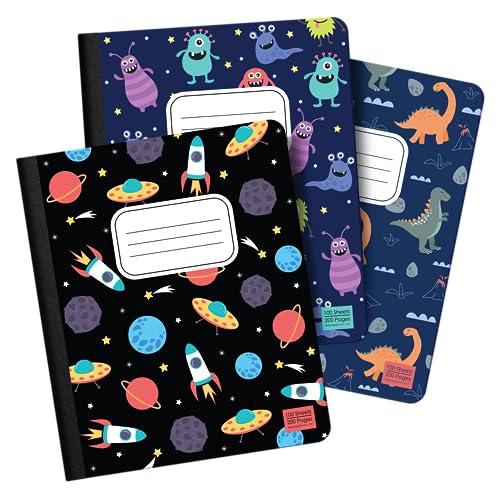 ScribbleMate Cute Composition Notebook Wide Ruled, Set of 3 Composition Notebpooks for Kids, Wide Ruled Composition Notebook for Boys and Girls. 100 pages 200 sheets. 9.75” x 7.5”