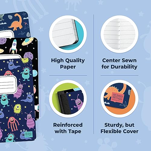 ScribbleMate Cute Composition Notebook Wide Ruled, Set of 3 Composition Notebpooks for Kids, Wide Ruled Composition Notebook for Boys and Girls. 100 pages 200 sheets. 9.75” x 7.5”