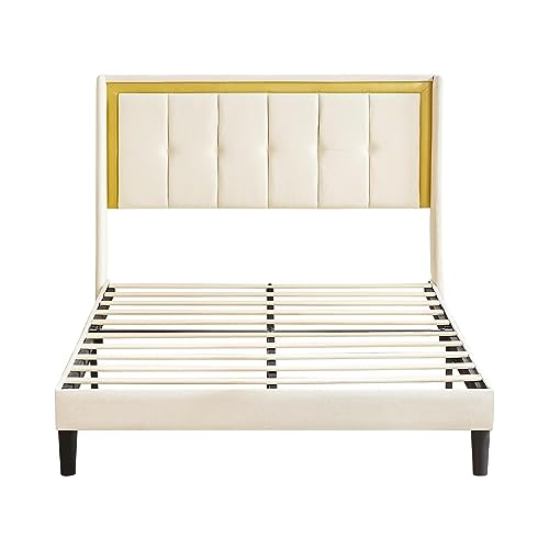Anwick Queen Bed Frame with Headboard,Modern Upholstered Platform Bed Frame Queen Size with Storage Underneath and Wooden Slat for Living Room,Bedroom Heavy Duty (Queen, Beige)