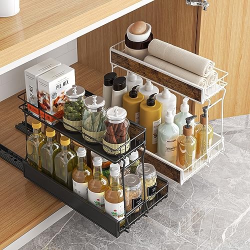 2 Tier Metal Pull Out Cabinet Organizer Large Capacity Under Sink Storage Kitchen Organizer With Sliding Storage Basket Drawers For Bathroom Kitchen (Color : Black, Size : 23 * 33 * 43cm)