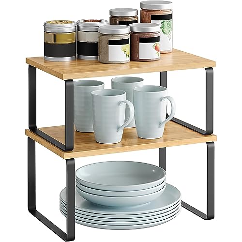 Cabinet Organizer Shelf, Set of 2 Kitchen Counter Shelves, Kitchen Storage, Spice Rack, Stackable, Expandable, Metal and Engineered Wood, Black and Natural (Black & Natural)